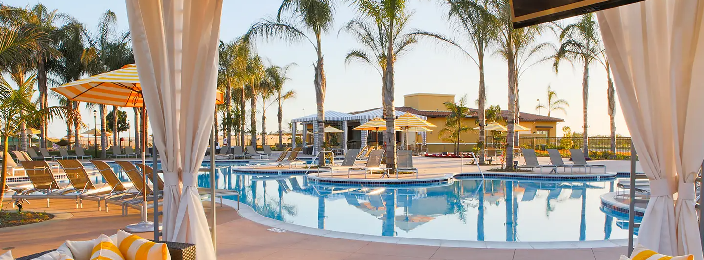 Resort pool with lounge chairs, striped umbrellas, and tall palm trees under warm sunlight.