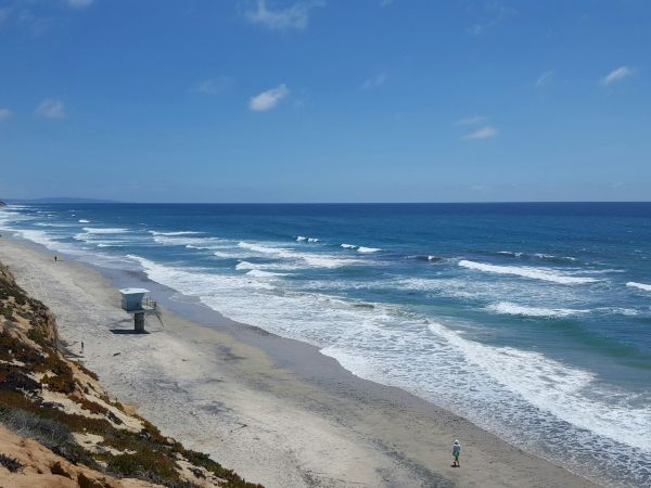 A sunny beach scene with blue ocean, gentle waves, a sandy shore, a cliff on the left, and a few people walking along the water&rsquo;s edge.
