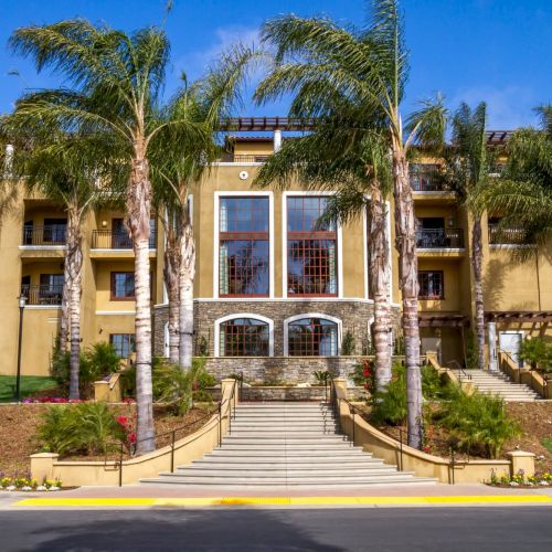 A sunny apartment-style building with stone steps and tall palm trees in front.