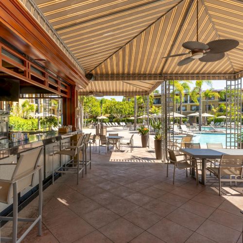 Outdoor resort pool deck with lounge chairs, a covered bar/grill area, striped canopy, and palm-lined greenery.